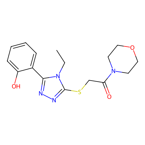 2-((4-ethyl-5-(2-hydroxyphenyl)-4H-1,2,4-triazol-3-yl)thio)-1-morpholinoethanone structure