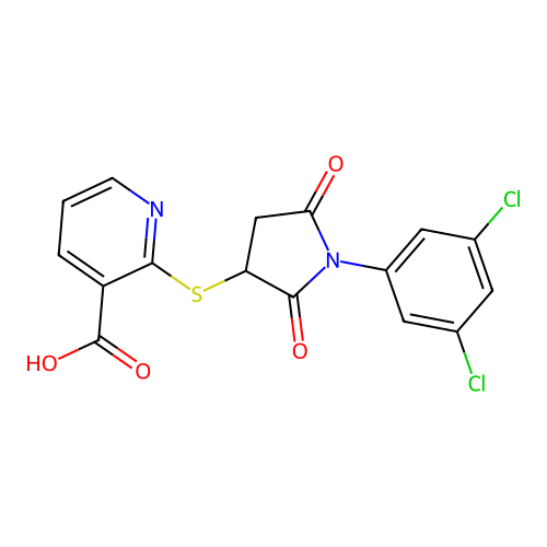2-{[1-(3,5-dichlorophenyl)-2,5-dioxopyrrolidin-3-yl]sulfanyl}pyridine-3-carboxylic acid structure