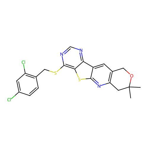 4-((2,4-dichlorobenzyl)thio)-8,8-dimethyl-8,10-dihydro-7H-pyrano[3'',4'':5',6']pyrido[3',2':4,5]thieno[3,2-d]pyrimidine structure
