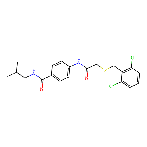 4-[[2-[(2,6-dichlorophenyl)methylsulfanyl]acetyl]amino]-N-(2-methylpropyl)benzamide structure