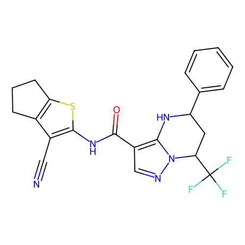 N-(3-cyano-5,6-dihydro-4H-cyclopenta[b]thiophen-2-yl)-5-phenyl-7-(trifluoromethyl)-4,5,6,7-tetrahydropyrazolo[1,5-a]pyrimidine-3-carboxamide structure