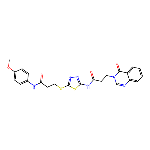 N-[5-({3-[(4-methoxyphenyl)amino]-3-oxopropyl}sulfanyl)-1,3,4-thiadiazol-2-yl]-3-(4-oxoquinazolin-3(4H)-yl)propanamide structure
