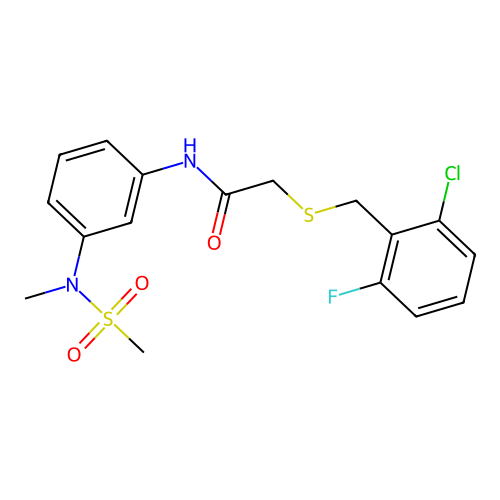 2-[(2-chloro-6-fluorophenyl)methylsulfanyl]-N-[3-[methyl(methylsulfonyl)amino]phenyl]acetamide structure