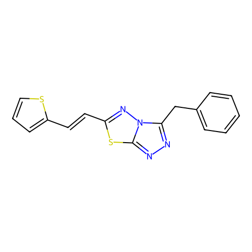 3-benzyl-6-[(E)-2-thiophen-2-ylethenyl]-[1,2,4]triazolo[3,4-b][1,3,4]thiadiazole structure