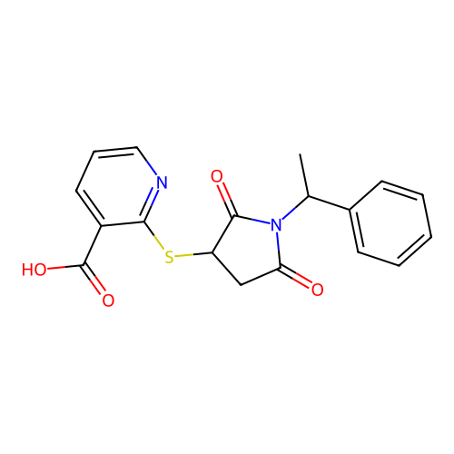 2-{[2,5-Dioxo-1-(1-phenylethyl)-3-pyrrolidinyl]thio}nicotinic acid structure
