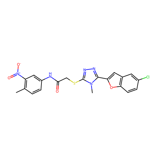 2-[[5-(5-chloro-1-benzofuran-2-yl)-4-methyl-1,2,4-triazol-3-yl]sulfanyl]-N-(4-methyl-3-nitrophenyl)acetamide structure