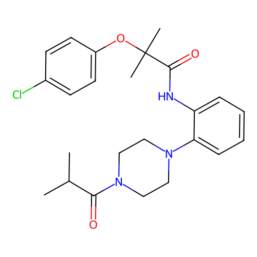 2-(4-chlorophenoxy)-2-methyl-N-[2-[4-(2-methylpropanoyl)piperazin-1-yl]phenyl]propanamide structure