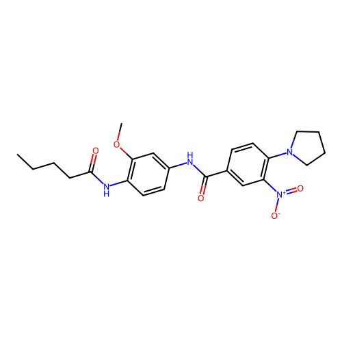 N-[3-methoxy-4-(pentanoylamino)phenyl]-3-nitro-4-pyrrolidin-1-ylbenzamide structure