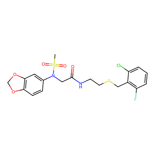 2-[1,3-benzodioxol-5-yl(methylsulfonyl)amino]-N-[2-[(2-chloro-6-fluorophenyl)methylsulfanyl]ethyl]acetamide structure
