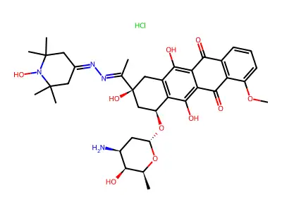 (1S,3S)-3,5,12-Trihydroxy-3-{1-[(1-hydroxy-2,2,6,6-tetramethylpiperidin-4-ylidene)hydrazinylidene]ethyl}-10-methoxy-6,11-dioxo-1,2,3,4,6,11-hexahydrotetracen-1-yl 3-amino-2,3,6-trideoxy-alpha-L-lyxo-hexopyranoside--hydrogen chloride (1/1) structure