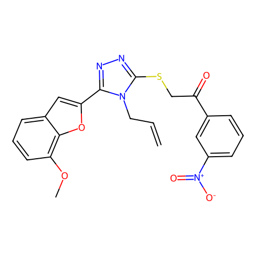 2-[[5-(7-methoxy-1-benzofuran-2-yl)-4-prop-2-enyl-1,2,4-triazol-3-yl]sulfanyl]-1-(3-nitrophenyl)ethanone structure