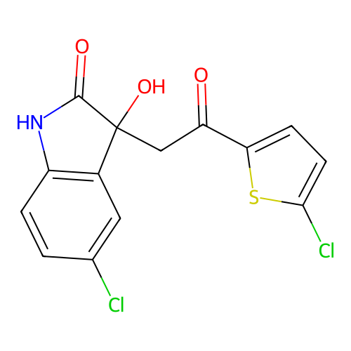 5-chloro-3-[2-(5-chlorothiophen-2-yl)-2-oxoethyl]-3-hydroxy-1H-indol-2-one structure