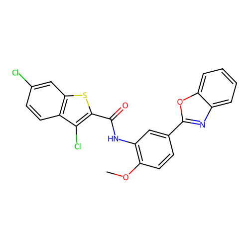N-[5-(1,3-benzoxazol-2-yl)-2-methoxyphenyl]-3,6-dichloro-1-benzothiophene-2-carboxamide structure