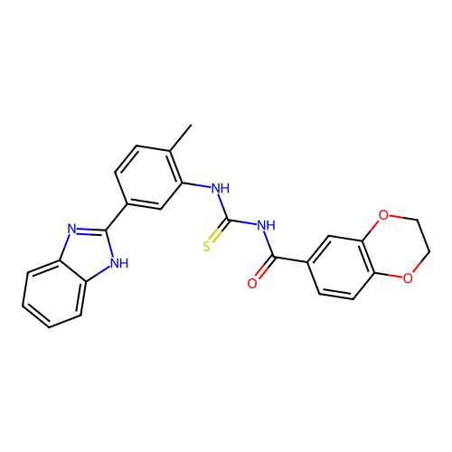 N-({[5-(1H-benzimidazol-2-yl)-2-methylphenyl]amino}carbonothioyl)-2,3-dihydro-1,4-benzodioxine-6-carboxamide structure