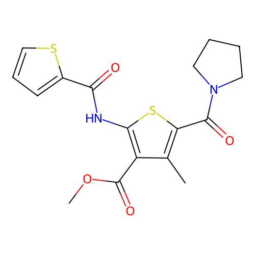 methyl 4-methyl-5-(pyrrolidinylcarbonyl)-2-(2-thienylcarbonylamino)thiophene-3 -carboxylate structure