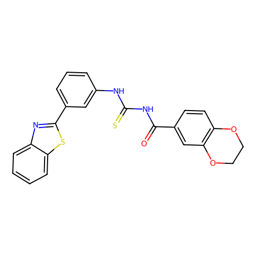 N-[[3-(1,3-benzothiazol-2-yl)phenyl]carbamothioyl]-2,3-dihydro-1,4-benzodioxine-6-carboxamide structure