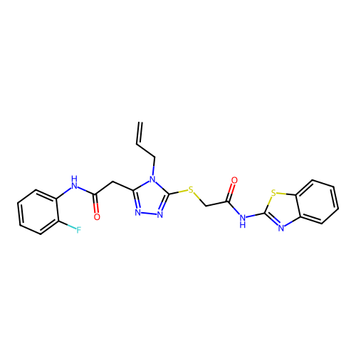 2-[5-[2-(1,3-benzothiazol-2-ylamino)-2-oxoethyl]sulfanyl-4-prop-2-enyl-1,2,4-triazol-3-yl]-N-(2-fluorophenyl)acetamide structure