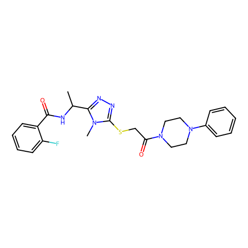 2-fluoro-N-[1-(4-methyl-5-{[2-oxo-2-(4-phenylpiperazin-1-yl)ethyl]sulfanyl}-4H-1,2,4-triazol-3-yl)ethyl]benzamide structure