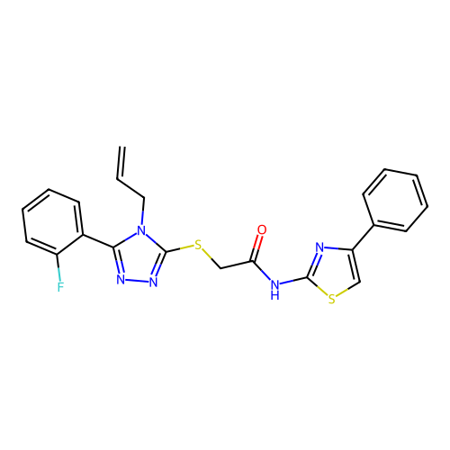 2-[[5-(2-fluorophenyl)-4-prop-2-enyl-1,2,4-triazol-3-yl]sulfanyl]-N-(4-phenyl-1,3-thiazol-2-yl)acetamide structure