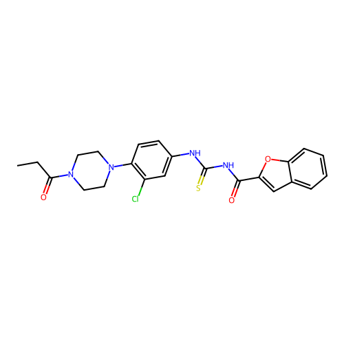 N-[[3-chloro-4-(4-propanoylpiperazin-1-yl)phenyl]carbamothioyl]-1-benzofuran-2-carboxamide structure