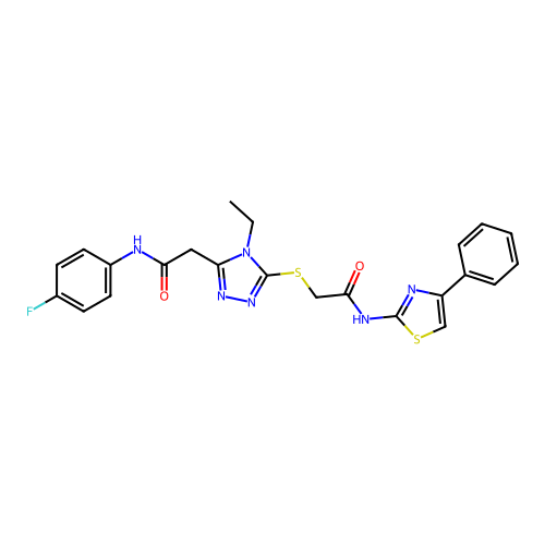 2-[(4-ethyl-5-{2-[(4-fluorophenyl)amino]-2-oxoethyl}-4H-1,2,4-triazol-3-yl)sulfanyl]-N-(4-phenyl-1,3-thiazol-2-yl)acetamide structure