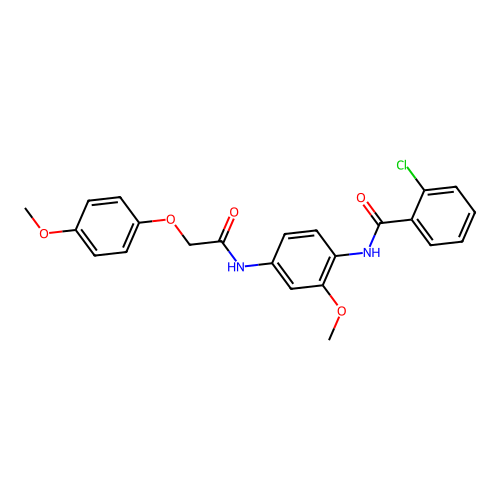 2-chloro-N-(2-methoxy-4-{[(4-methoxyphenoxy)acetyl]amino}phenyl)benzamide structure