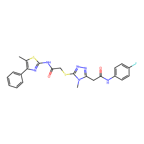 2-[(5-{2-[(4-fluorophenyl)amino]-2-oxoethyl}-4-methyl-4H-1,2,4-triazol-3-yl)sulfanyl]-N-(5-methyl-4-phenyl-1,3-thiazol-2-yl)acetamide structure