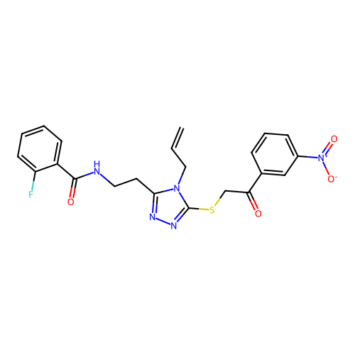 2-fluoro-N-[2-[5-[2-(3-nitrophenyl)-2-oxoethyl]sulfanyl-4-prop-2-enyl-1,2,4-triazol-3-yl]ethyl]benzamide structure