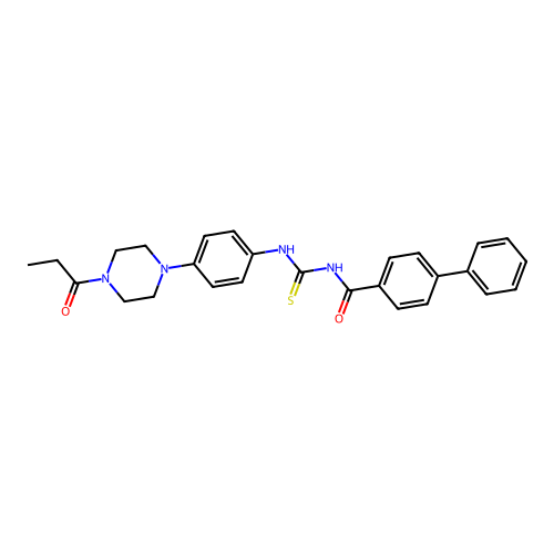 4-phenyl-N-[[4-(4-propanoylpiperazin-1-yl)phenyl]carbamothioyl]benzamide structure