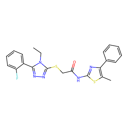 2-[[4-ethyl-5-(2-fluorophenyl)-1,2,4-triazol-3-yl]sulfanyl]-N-(5-methyl-4-phenyl-1,3-thiazol-2-yl)acetamide structure