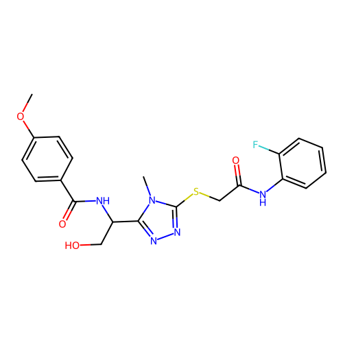 N-{1-[5-({2-[(2-fluorophenyl)amino]-2-oxoethyl}sulfanyl)-4-methyl-4H-1,2,4-triazol-3-yl]-2-hydroxyethyl}-4-methoxybenzamide structure