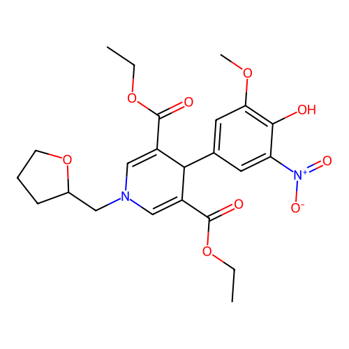 Diethyl 4-(4-hydroxy-3-methoxy-5-nitro-phenyl)-1-(oxolan-2-ylmethyl)-4H-pyridine-3,5-dicarboxylate structure