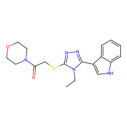 2-((4-ethyl-5-(1H-indol-3-yl)-4H-1,2,4-triazol-3-yl)thio)-1-morpholinoethanone structure