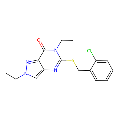 5-[(2-Chlorophenyl)methylsulfanyl]-2,6-diethylpyrazolo[4,3-d]pyrimidin-7-one structure