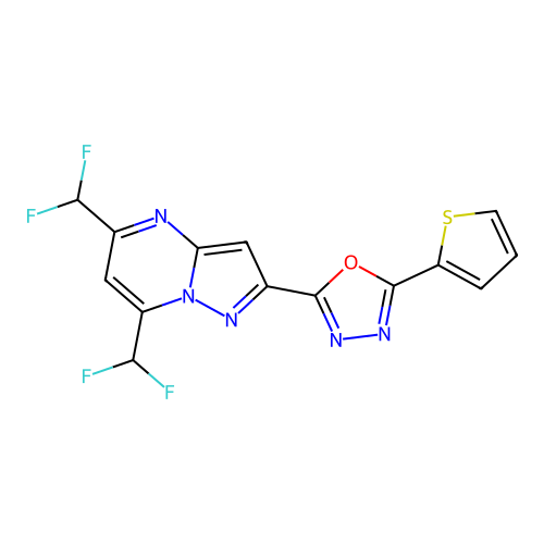2-[5,7-bis(difluoromethyl)pyrazolo[1,5-a]pyrimidin-2-yl]-5-thiophen-2-yl-1,3,4-oxadiazole structure