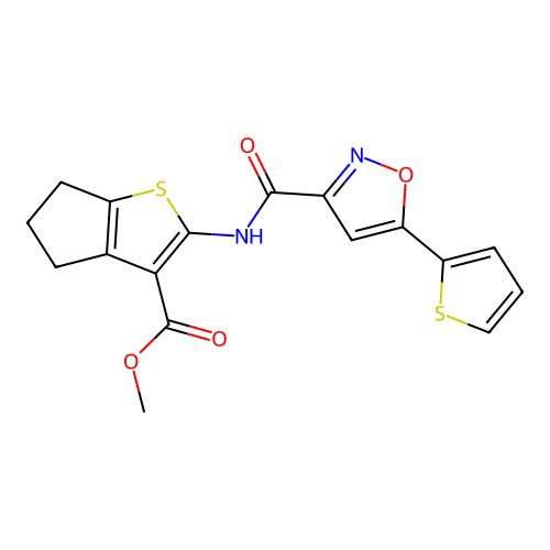methyl 2-({[5-(2-thienyl)-3-isoxazolyl]carbonyl}amino)-5,6-dihydro-4H-cyclopenta[b]thiophene-3-carboxylate structure