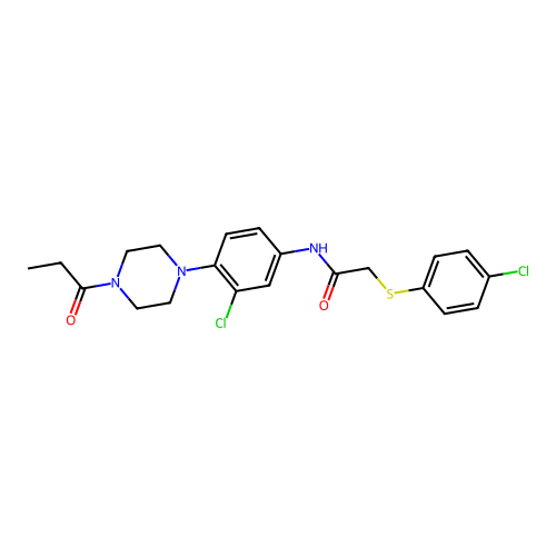 2-(4-chlorophenyl)sulfanyl-N-[3-chloro-4-(4-propanoylpiperazin-1-yl)phenyl]acetamide structure