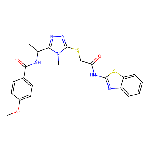 N-[1-(5-{[2-(1,3-benzothiazol-2-ylamino)-2-oxoethyl]sulfanyl}-4-methyl-4H-1,2,4-triazol-3-yl)ethyl]-4-methoxybenzamide structure
