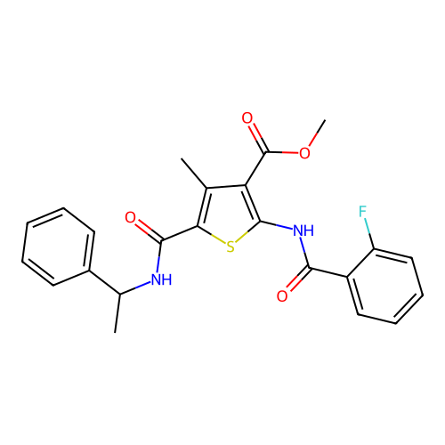 methyl 2-{[(2-fluorophenyl)carbonyl]amino}-4-methyl-5-[(1-phenylethyl)carbamoyl]thiophene-3-carboxylate structure