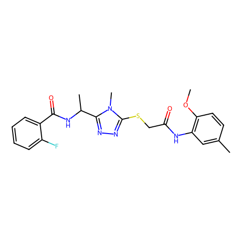 2-fluoro-N-{1-[5-({2-[(2-methoxy-5-methylphenyl)amino]-2-oxoethyl}sulfanyl)-4-methyl-4H-1,2,4-triazol-3-yl]ethyl}benzamide structure