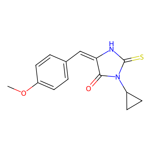 (5E)-3-cyclopropyl-5-(4-methoxybenzylidene)-2-sulfanyl-3,5-dihydro-4H-imidazol-4-one structure