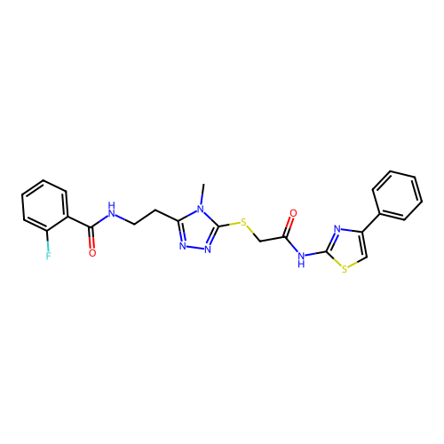 2-fluoro-N-[2-[4-methyl-5-[2-oxo-2-[(4-phenyl-1,3-thiazol-2-yl)amino]ethyl]sulfanyl-1,2,4-triazol-3-yl]ethyl]benzamide structure