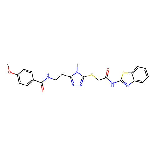N-[2-(5-{[2-(1,3-benzothiazol-2-ylamino)-2-oxoethyl]sulfanyl}-4-methyl-4H-1,2,4-triazol-3-yl)ethyl]-4-methoxybenzamide structure