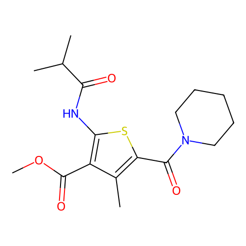 methyl 2-isobutyramido-4-methyl-5-(piperidine-1-carbonyl)thiophene-3-carboxylate structure