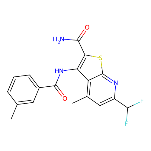 6-(difluoromethyl)-4-methyl-3-[(3-methylbenzoyl)amino]thieno[2,3-b]pyridine-2-carboxamide structure