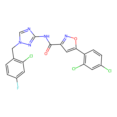 N-[1-[(2-chloro-4-fluorophenyl)methyl]-1,2,4-triazol-3-yl]-5-(2,4-dichlorophenyl)-1,2-oxazole-3-carboxamide structure