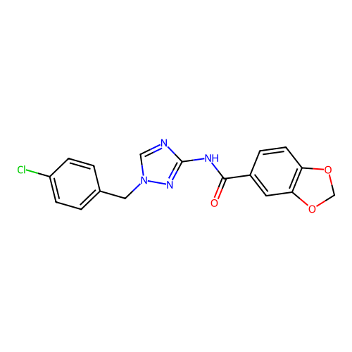 N-[1-[(4-chlorophenyl)methyl]-1,2,4-triazol-3-yl]-1,3-benzodioxole-5-carboxamide structure