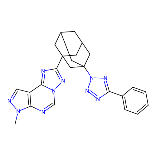 7-methyl-2-(3-(5-phenyl-2H-tetrazol-2-yl)adamantan-1-yl)-7H-pyrazolo[4,3-e][1,2,4]triazolo[1,5-c]pyrimidine structure