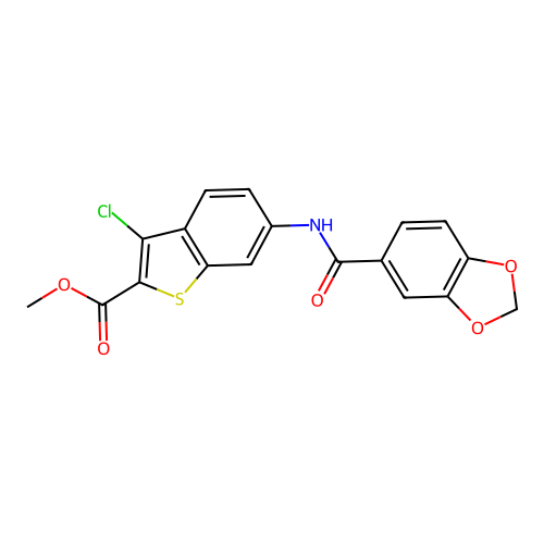 methyl 6-[(1,3-benzodioxol-5-ylcarbonyl)amino]-3-chloro-1-benzothiophene-2-carboxylate structure