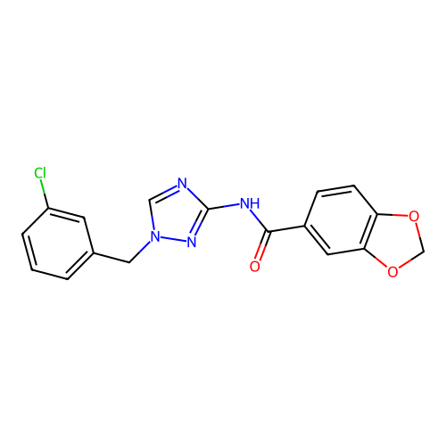 N-[1-[(3-chlorophenyl)methyl]-1,2,4-triazol-3-yl]-1,3-benzodioxole-5-carboxamide structure